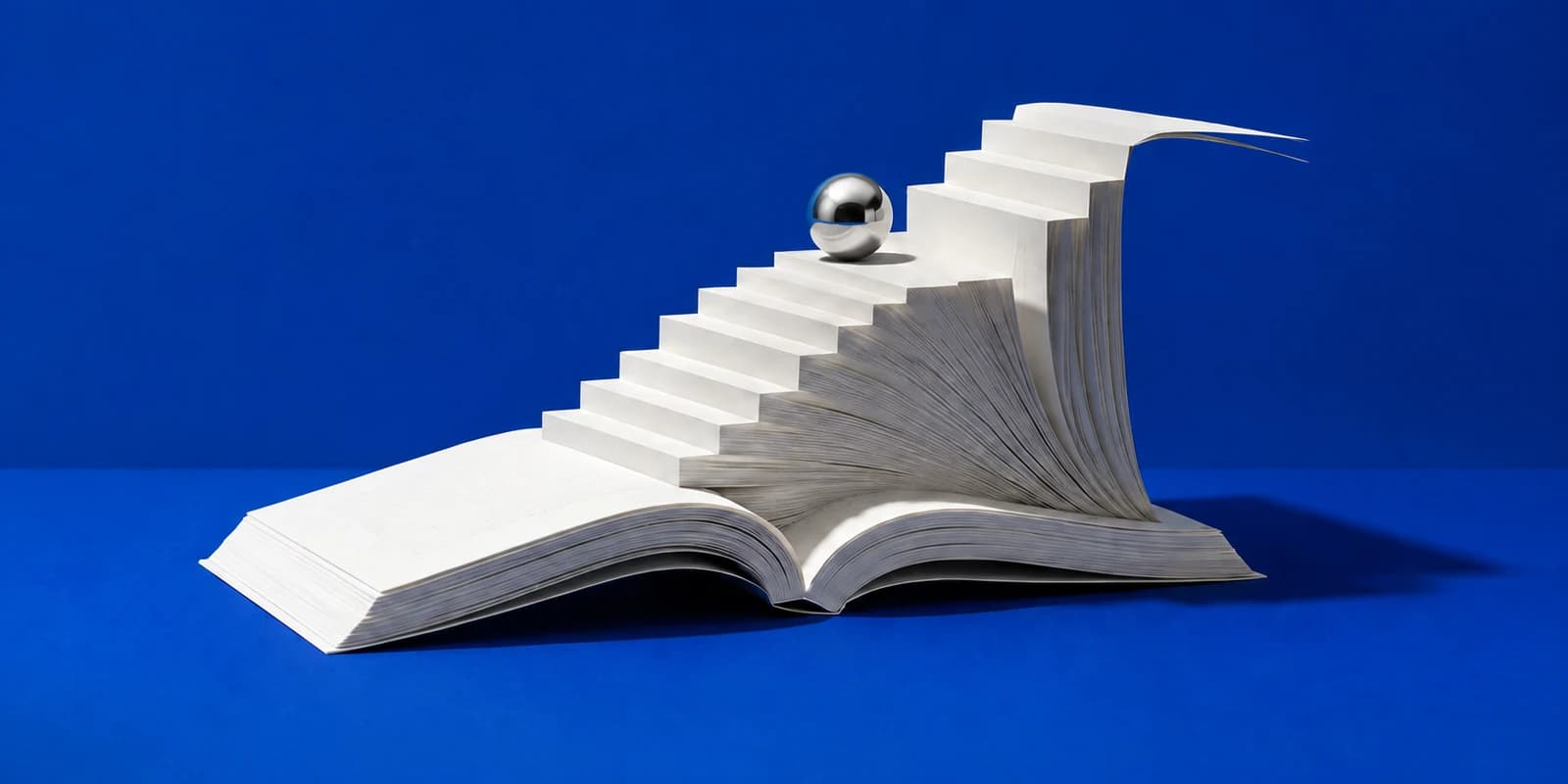 An open white book forms a staircase with a silver sphere on its steps against a cobalt blue background